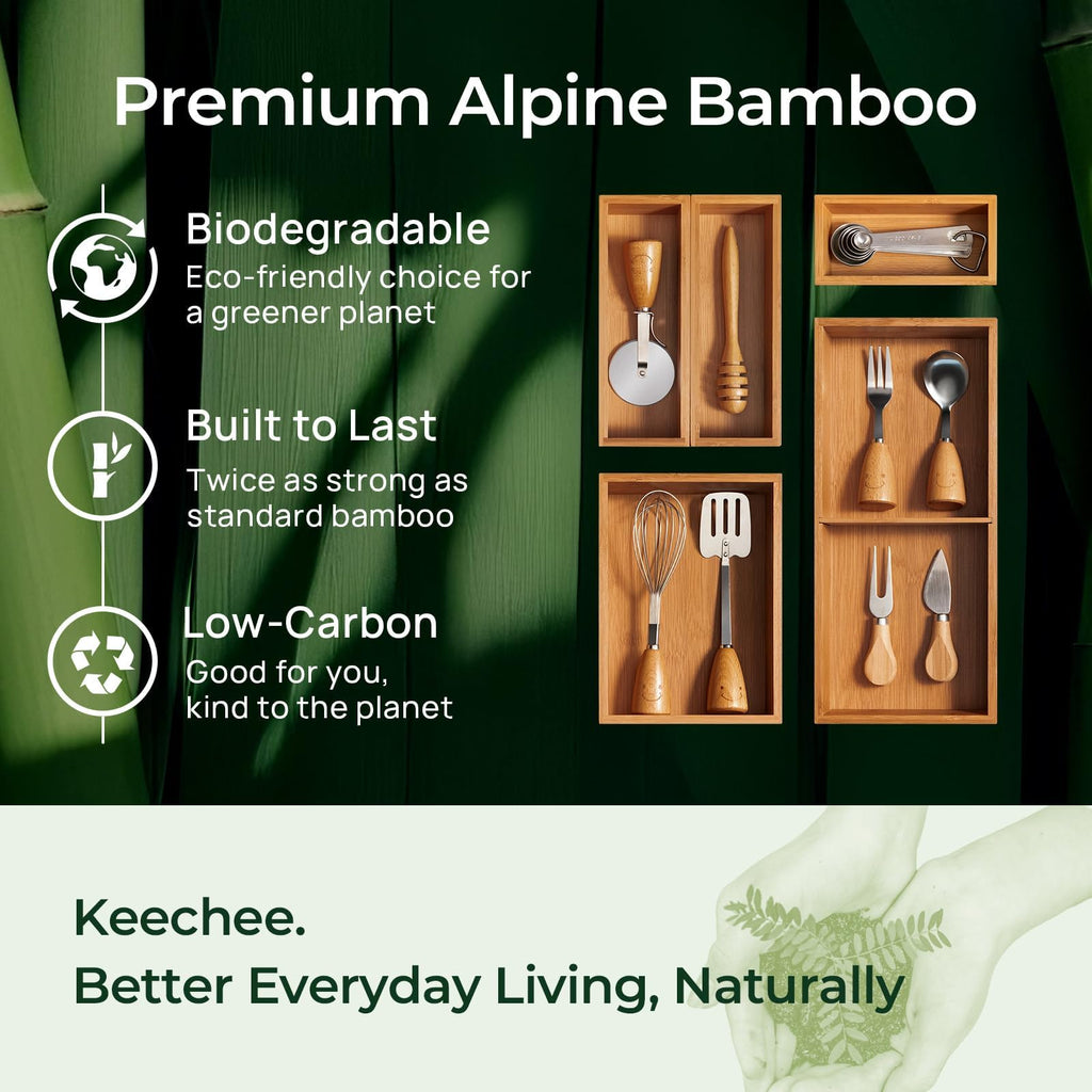 keechee 6-Piece Bamboo Drawer Organizer Set, 2.2" Deep Multi-Use Organizers for Utensils, Silverware, Cutlery, Desk, Bathroom, Junk Drawer & Makeup, Non-Slip Feet Included. image 8