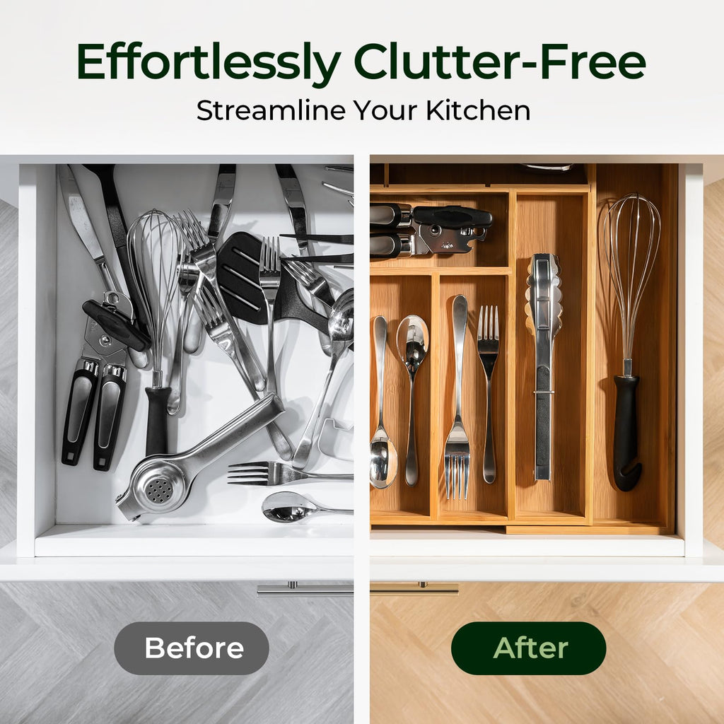 keechee Carbonized Bamboo Kitchen Drawer Organizer, 10 Slots Expandable Silverware Organizer, Utensil Holder & Cutlery Tray, 2.2" Deep for Extra Capacity, Non-Slip Feet Included image 8