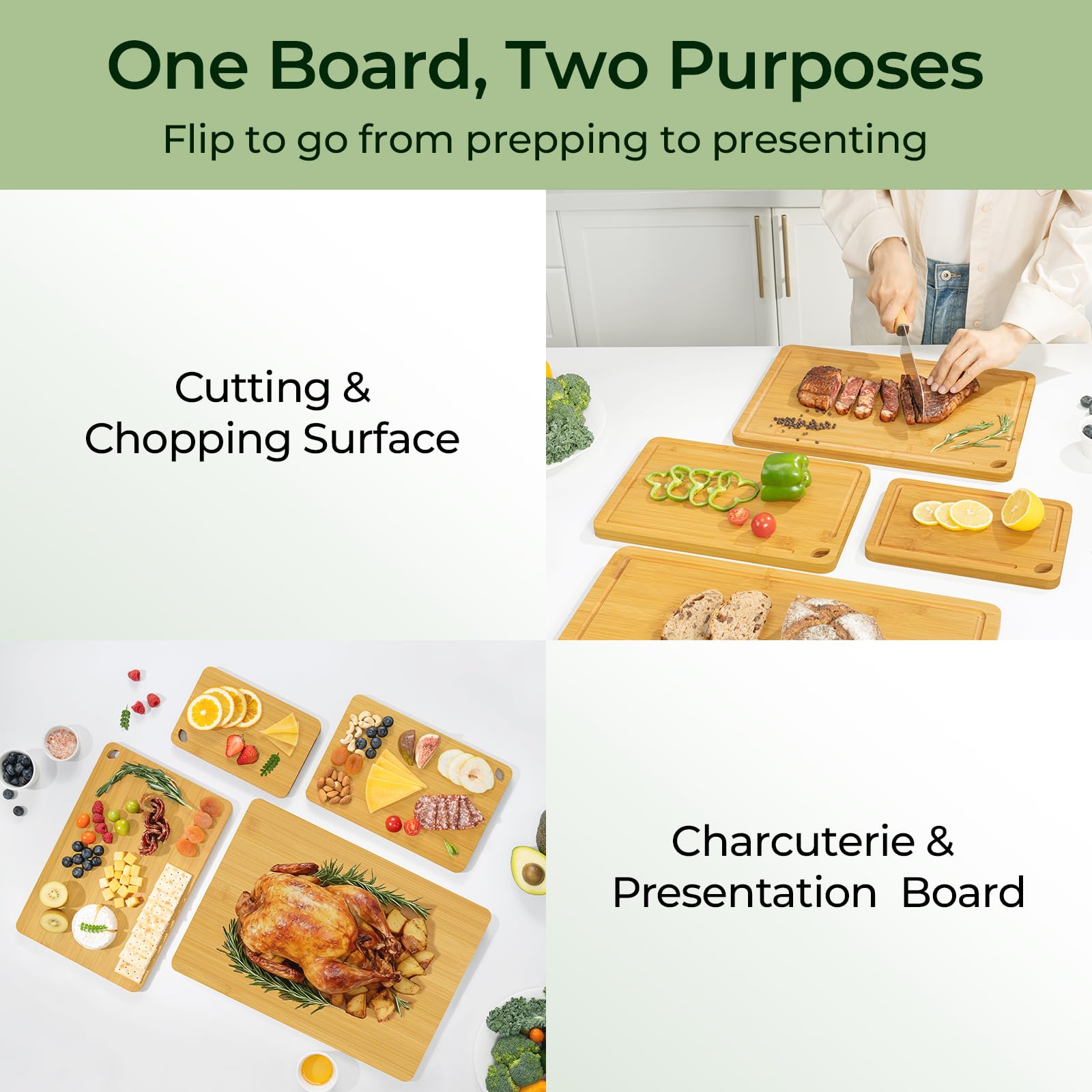 Keechee Natural Bamboo Cutting Board Set of 4, Wood Chopping Block Set image 3