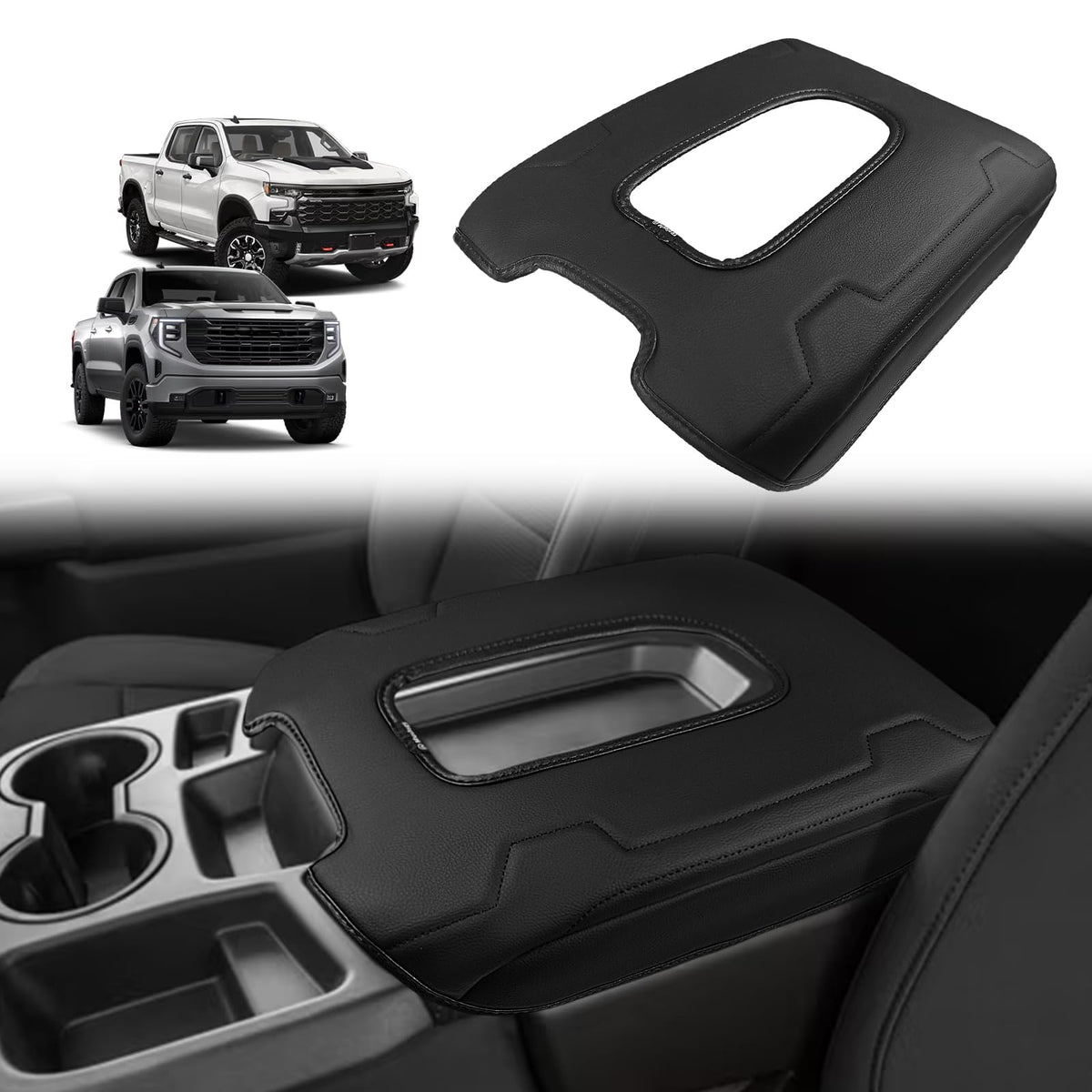 Black Muslogy thick bench armrest cover installed on Silverado front console