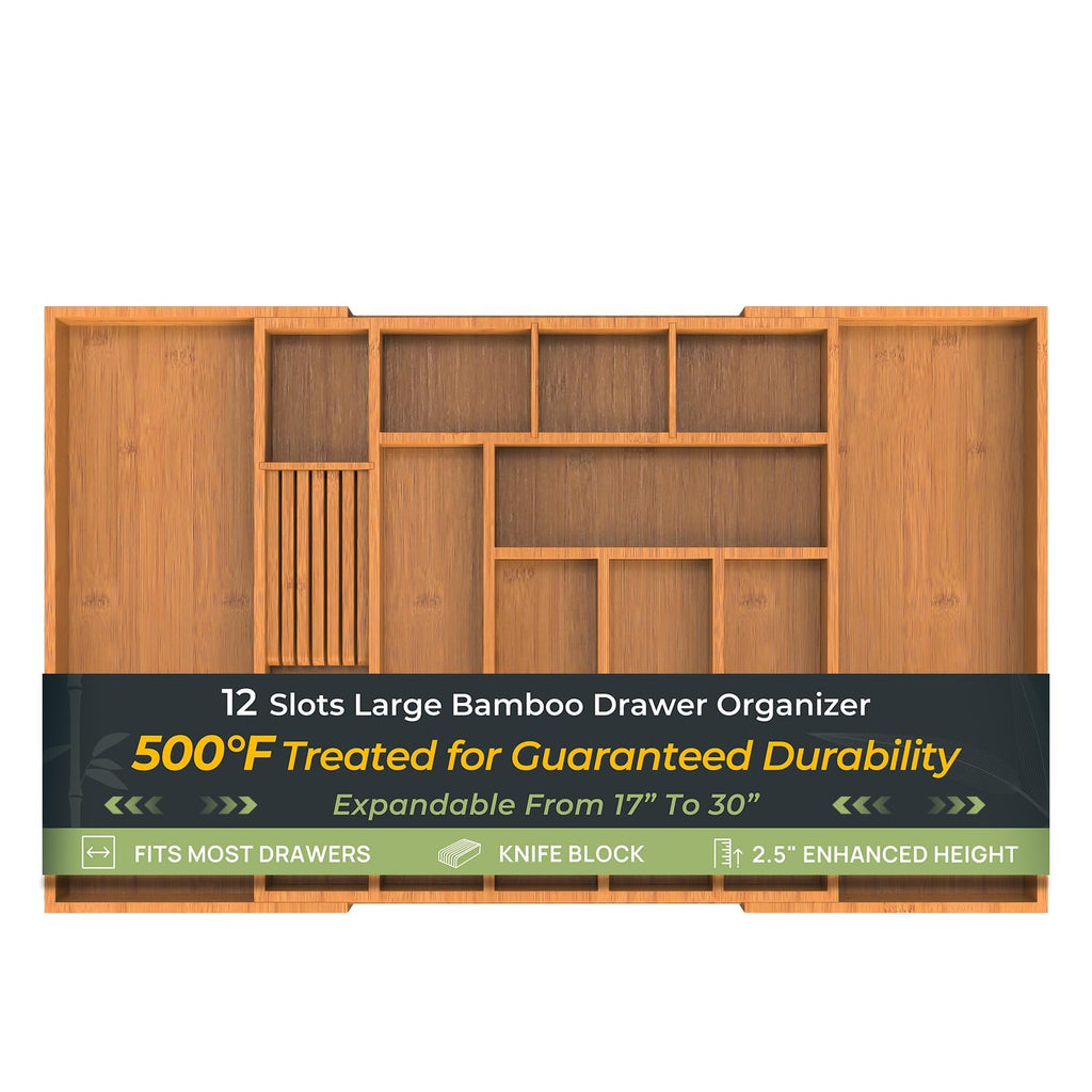 keechee Carbonized Large Kitchen Drawer Organizer, 12 Slots Expandable Silverware Organizer, Utensil Holder & Cutlery Tray, 2.5" Deep for Extra Capacity, Non-Slip Feet Included