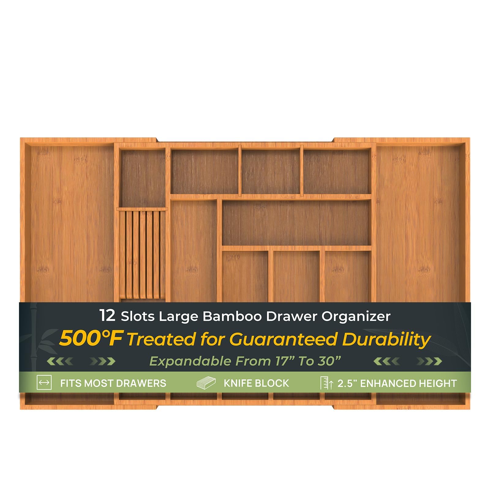 keechee Carbonized Large Kitchen Drawer Organizer, 12 Slots Expandable Silverware Organizer, Utensil Holder & Cutlery Tray, 2.5" Deep for Extra Capacity, Non-Slip Feet Included