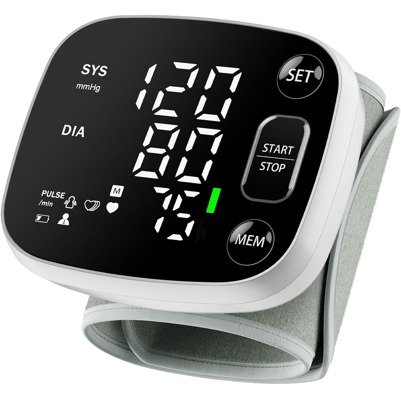 Oklar rechargeable wrist blood pressure monitor showing digital display on wrist