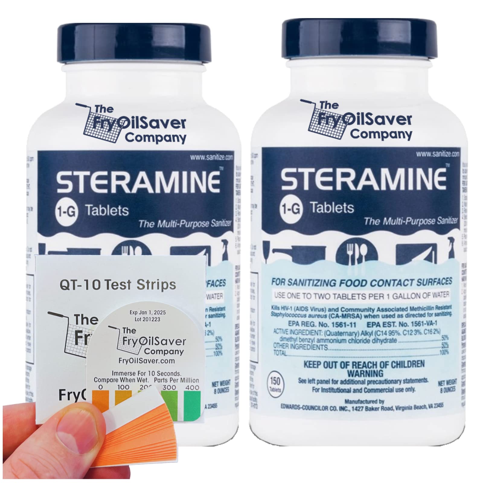 Two bottles of Steramine sanitizer tablets and a 15-count QT-10 test strip pack