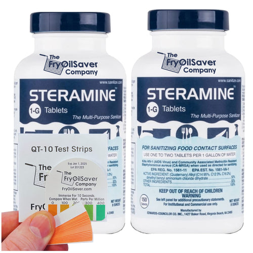 Two bottles of Steramine sanitizer tablets and a 15-count QT-10 test strip pack