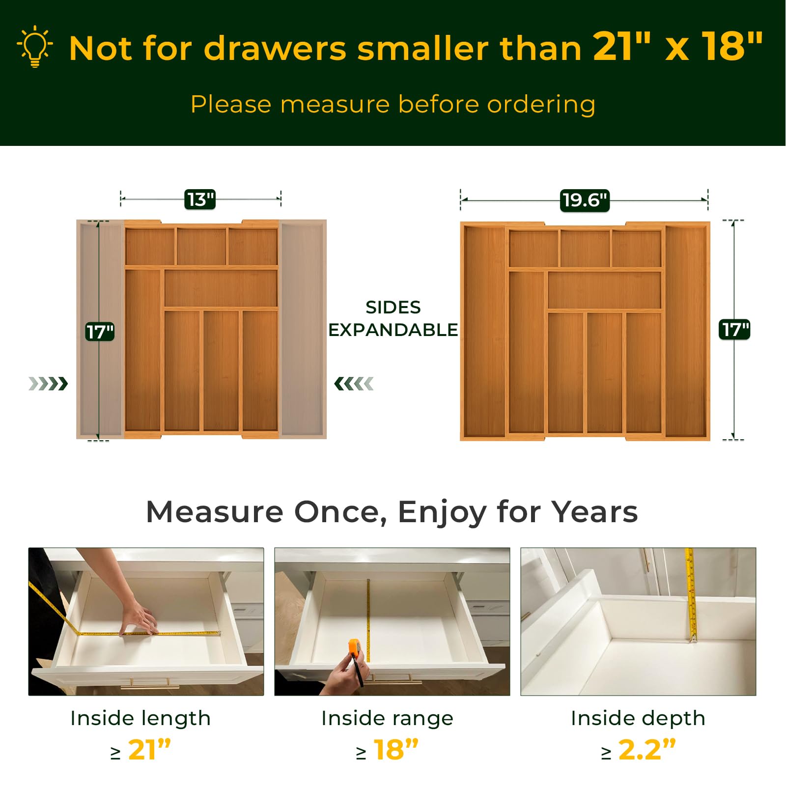 keechee Carbonized Bamboo Kitchen Drawer Organizer, 10 Slots Expandable Silverware Organizer, Utensil Holder & Cutlery Tray, 2.2" Deep for Extra Capacity, Non-Slip Feet Included image 2