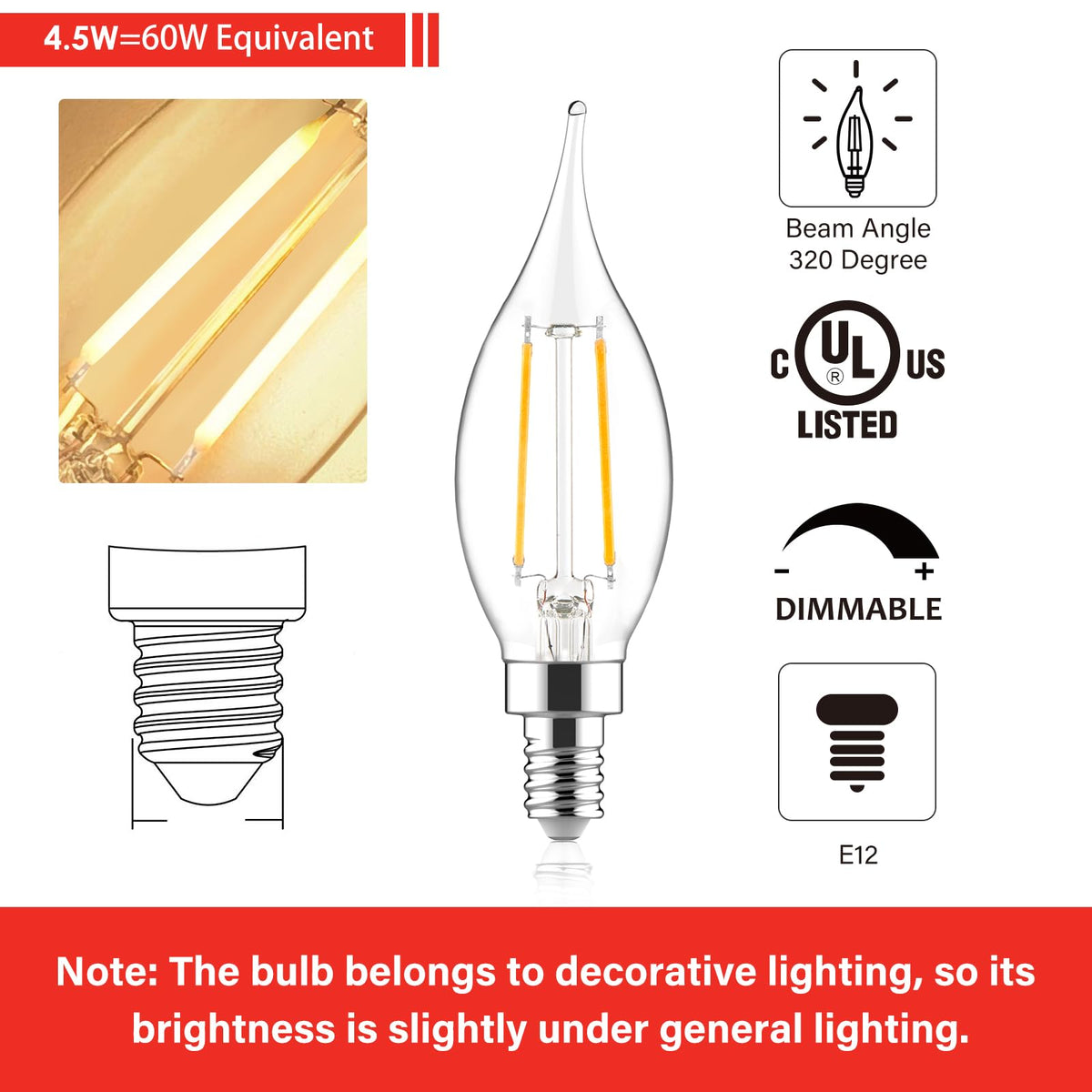 Sengled E12 Candelabra Bulb 60W Equivalent LED Chandelier Light Bulbs, 5W Dimmable E12 LED Bulb, 2700K Soft White 450LM Candelabra Base, Flame Tip Candle Light Bulbs, 12 Packs image 3