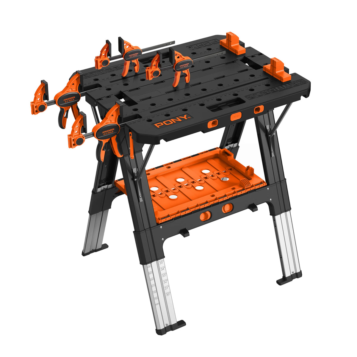 PONY portable folding work table shown as a workbench and sawhorse