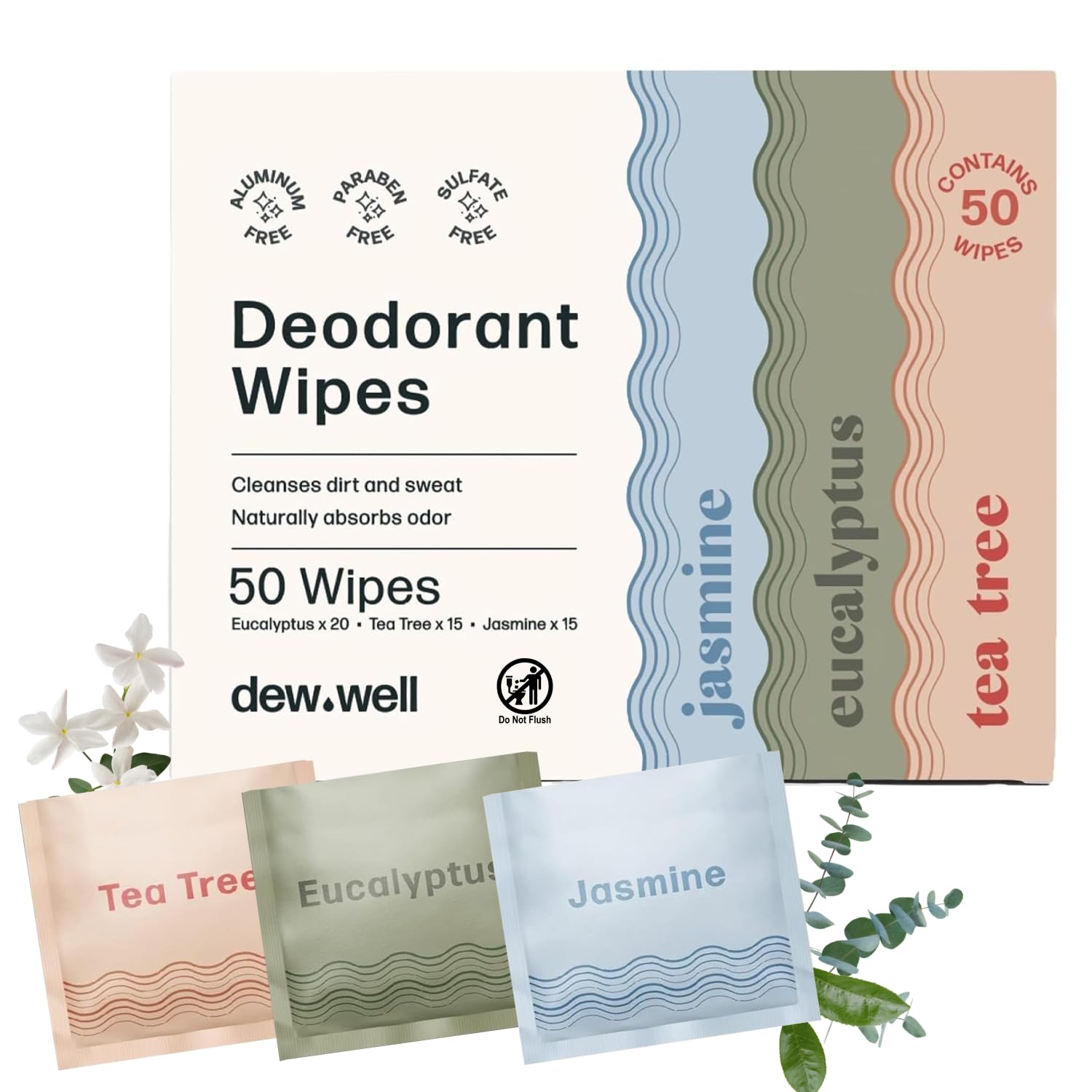 Pack of Dew Well body deodorant wipes in Tea Tree, Eucalyptus, and Jasmine scents