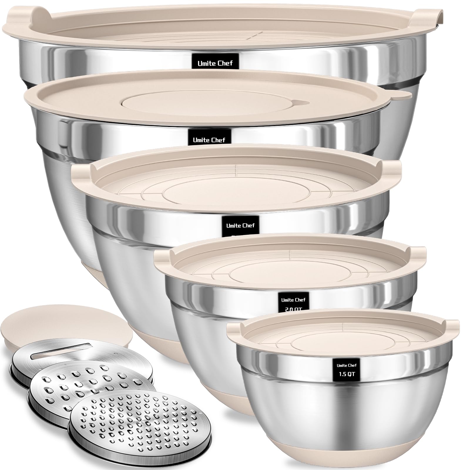 Umite Chef stainless steel nesting mixing bowls with airtight lids and grater attachments