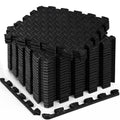 Haulcove 18-piece interlocking EVA foam floor tiles assembled in checkerboard pattern on gym floor