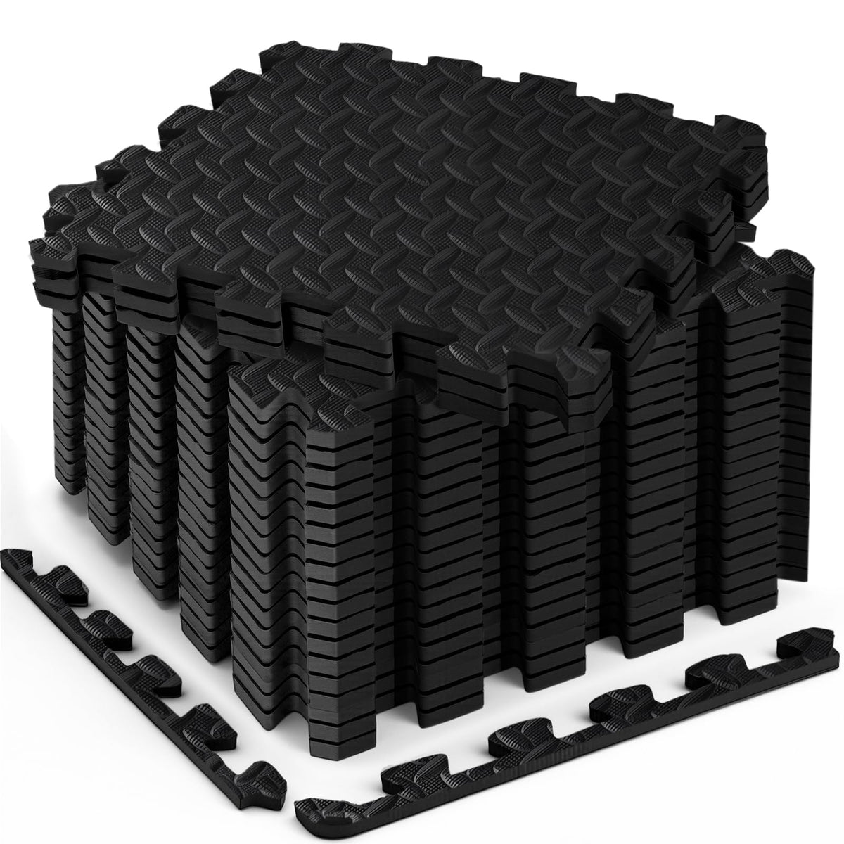 Haulcove 18-piece interlocking EVA foam floor tiles assembled in checkerboard pattern on gym floor