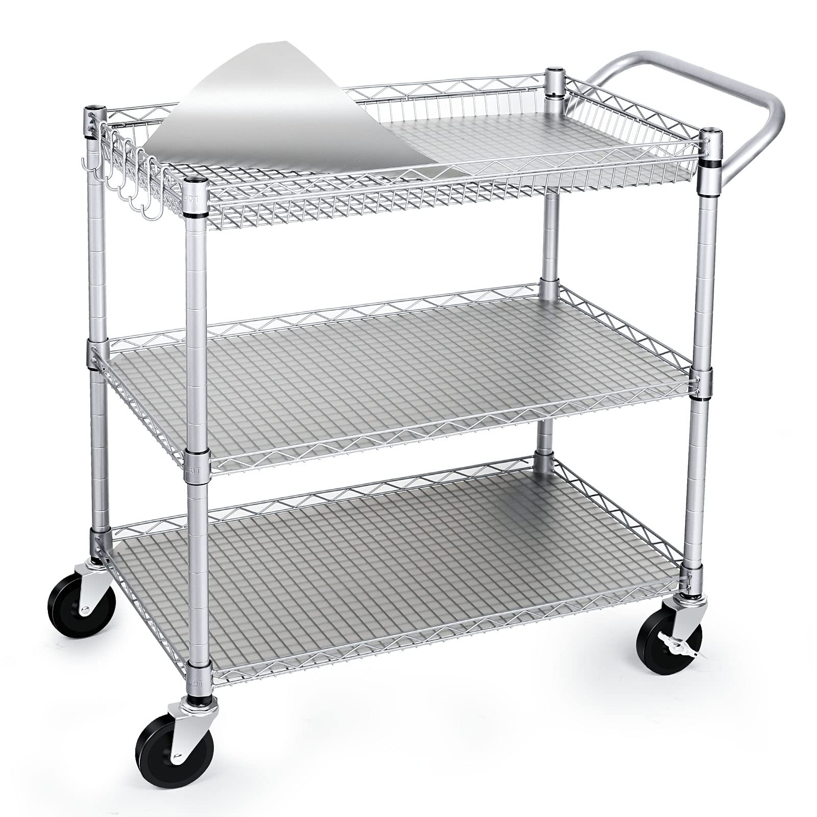 Gray WDT heavy-duty metal rolling utility cart with handle and two shelves