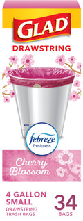 Roll of Glad 4-gallon Febreze Cherry Blossom odor-resistant trash bags with drawstrings