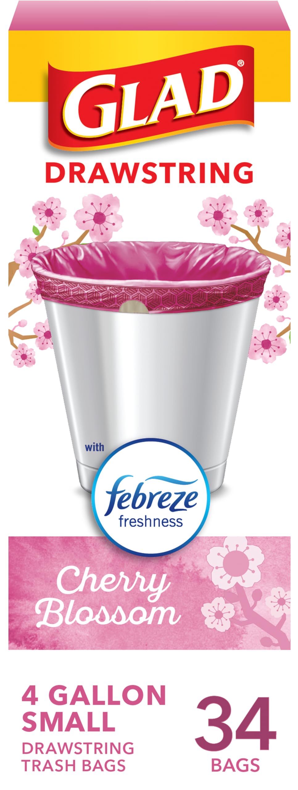 Roll of Glad 4-gallon Febreze Cherry Blossom odor-resistant trash bags with drawstrings