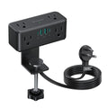 Black TROND desk clamp power strip mounted on tabletop edge with 5ft cord