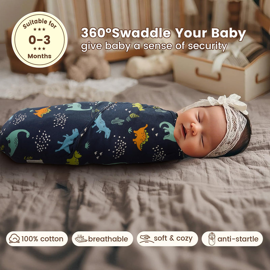 PHF 100% Cotton Baby Swaddle Sleep Sacks for Newborn, 3 Pack Soft Breathable Baby Swaddle Sack 0-3 Months for Boys Girls, Easy Adjustable, Blanket Wrap, Newborn Essentials (Dinosaur) image 2