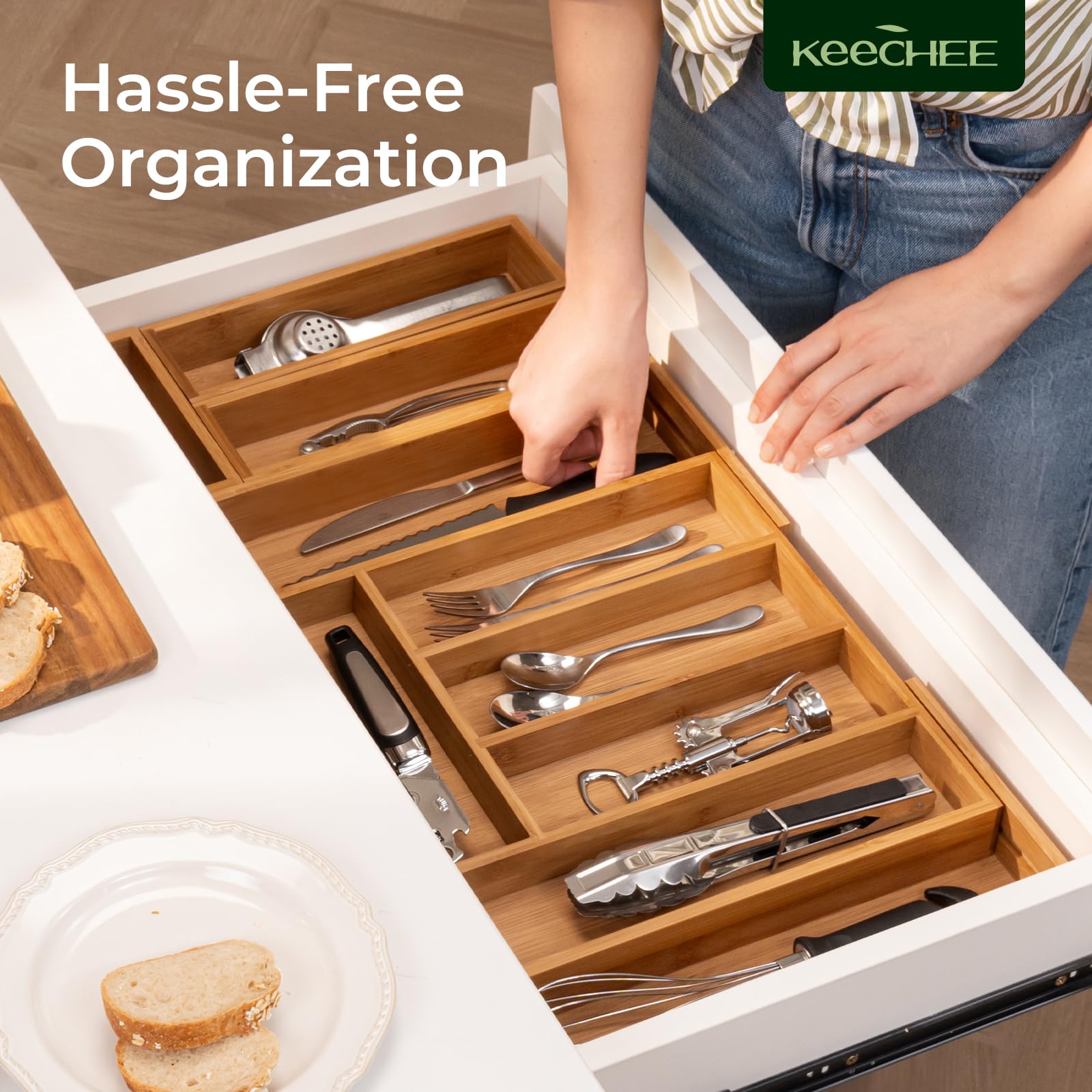 keechee 6-Piece Bamboo Drawer Organizer Set, 2.2" Deep Multi-Use Organizers for Utensils, Silverware, Cutlery, Desk, Bathroom, Junk Drawer & Makeup, Non-Slip Feet Included. image 9