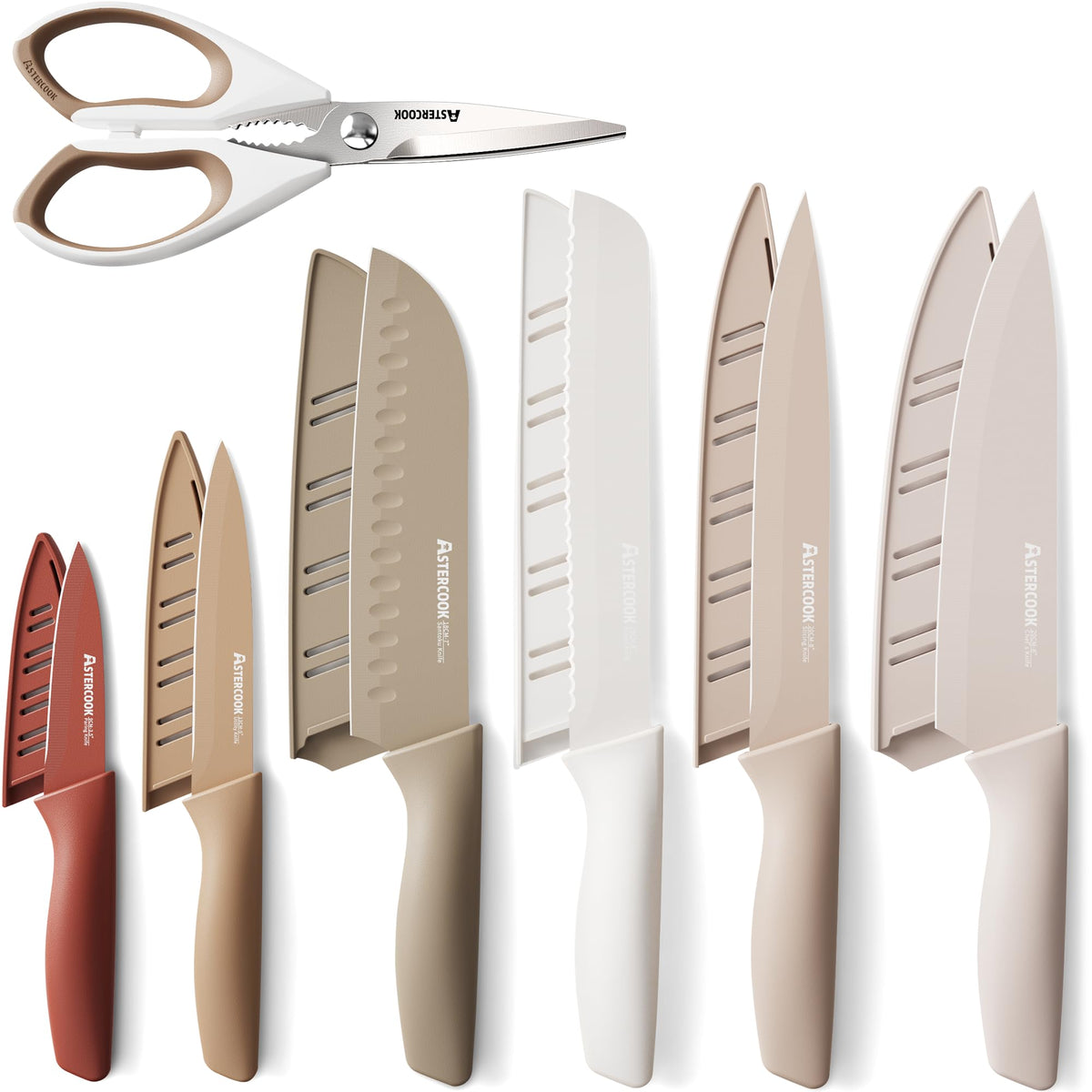 13-piece Astercook stainless steel kitchen knife set with blade guards displayed on a countertop