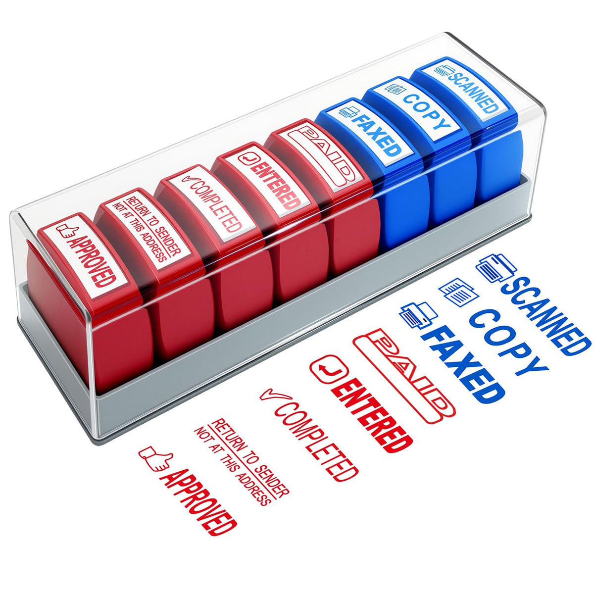 Eight office rubber approval stamps with labels like Paid, Scanned, Approved, Copy, Faxed, Entered on white background