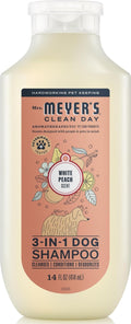 14oz bottle of Mrs. MEYER'S Clean Day 3-in-1 White Peach dog shampoo, front label