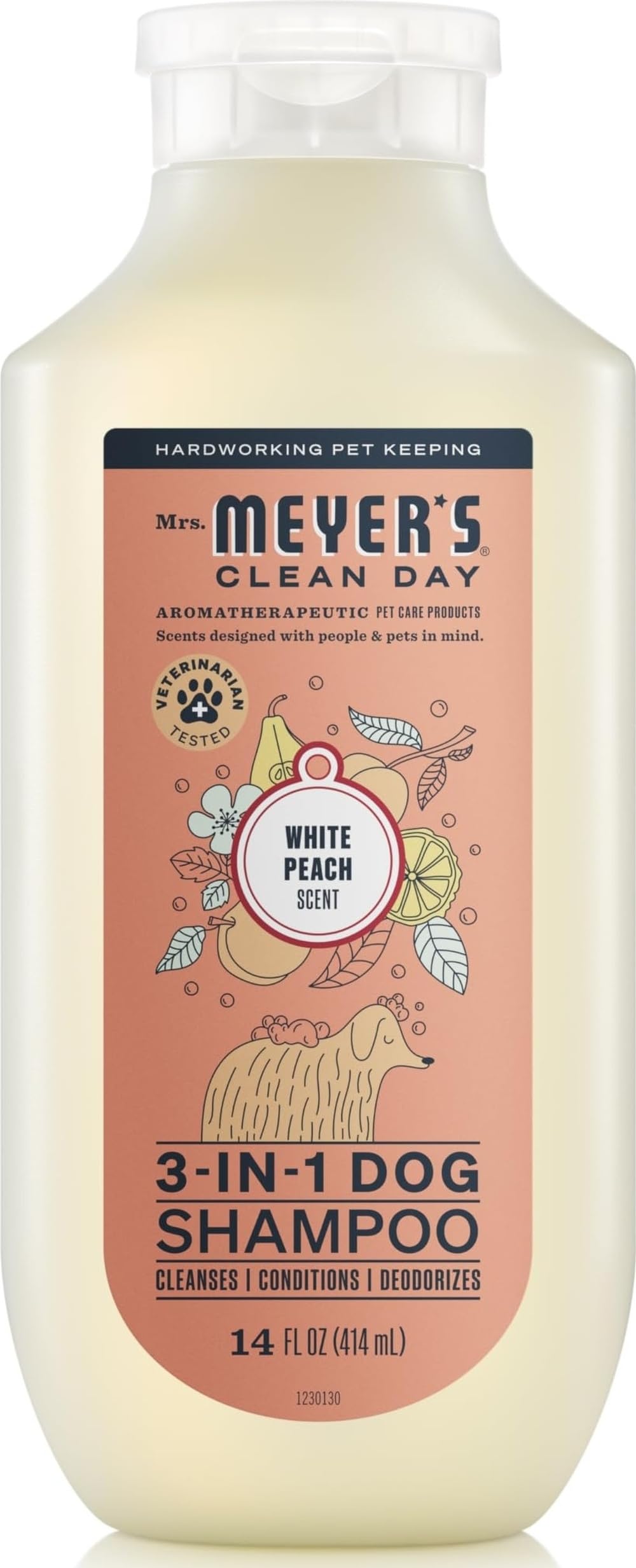 14oz bottle of Mrs. MEYER'S Clean Day 3-in-1 White Peach dog shampoo, front label