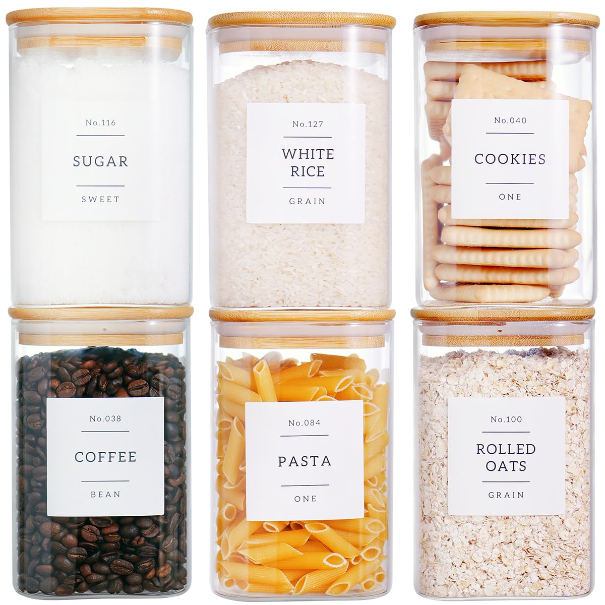Six square 35oz clear glass storage jars with airtight bamboo lids and pantry labels