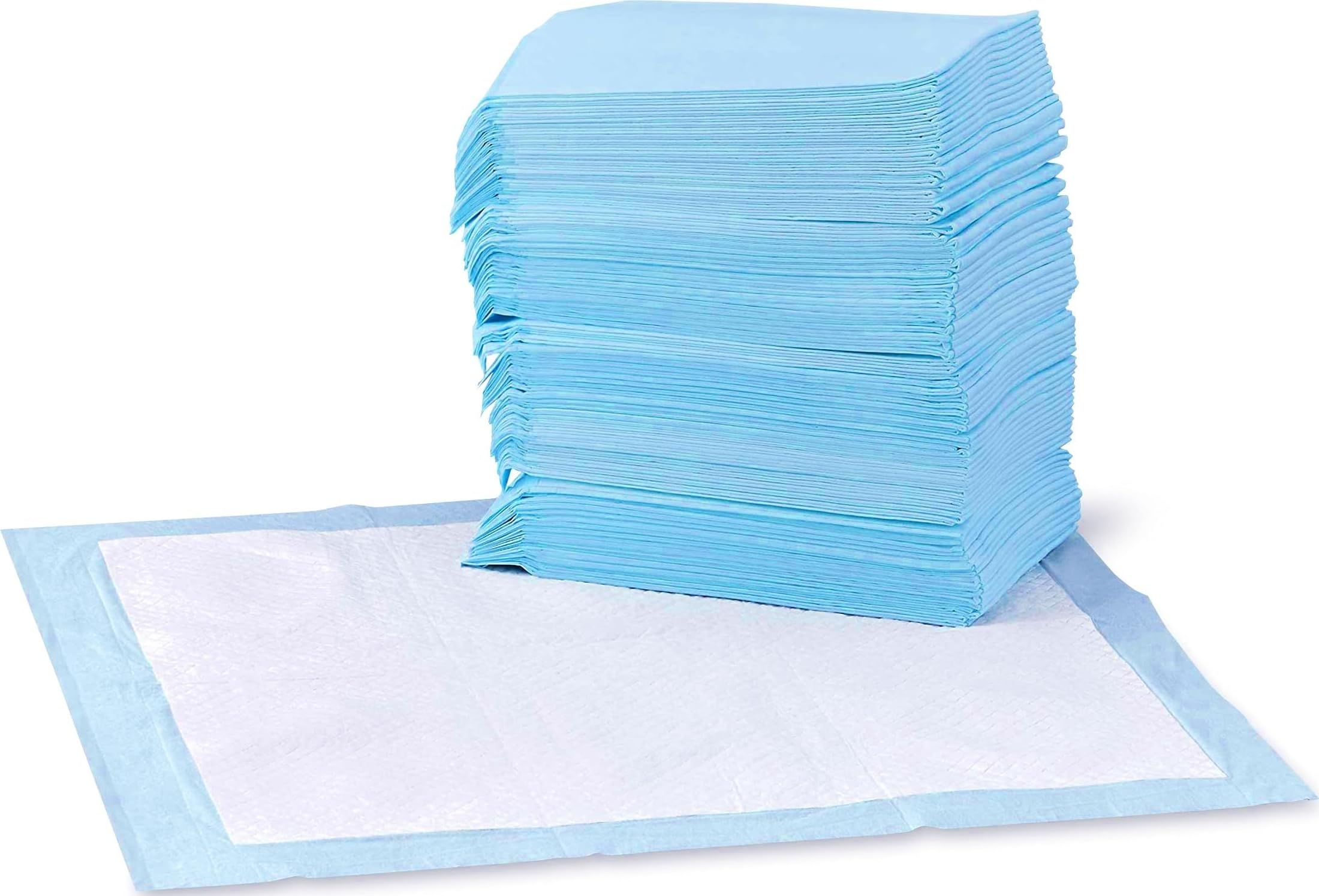 Blue and white Amazon Basics 22 x 22 absorbent puppy pee pad