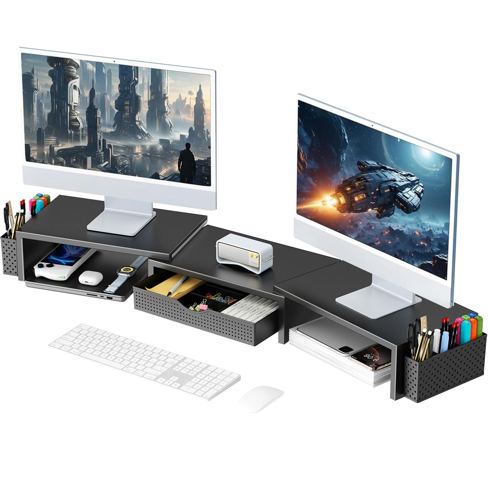 gianotter dual monitor stand riser on desk showing open drawer and two pen holders
