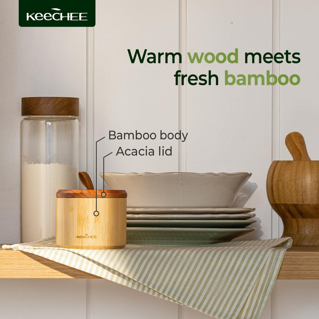 keechee Bamboo Salt Cellar with Acacia Lid & Spoon, 7oz Capacity with Built-In Spoon Slot & Labels, Two-Tone Countertop Seasoning Container (Dual Compartment (Divided) - 1 Pack) image 5
