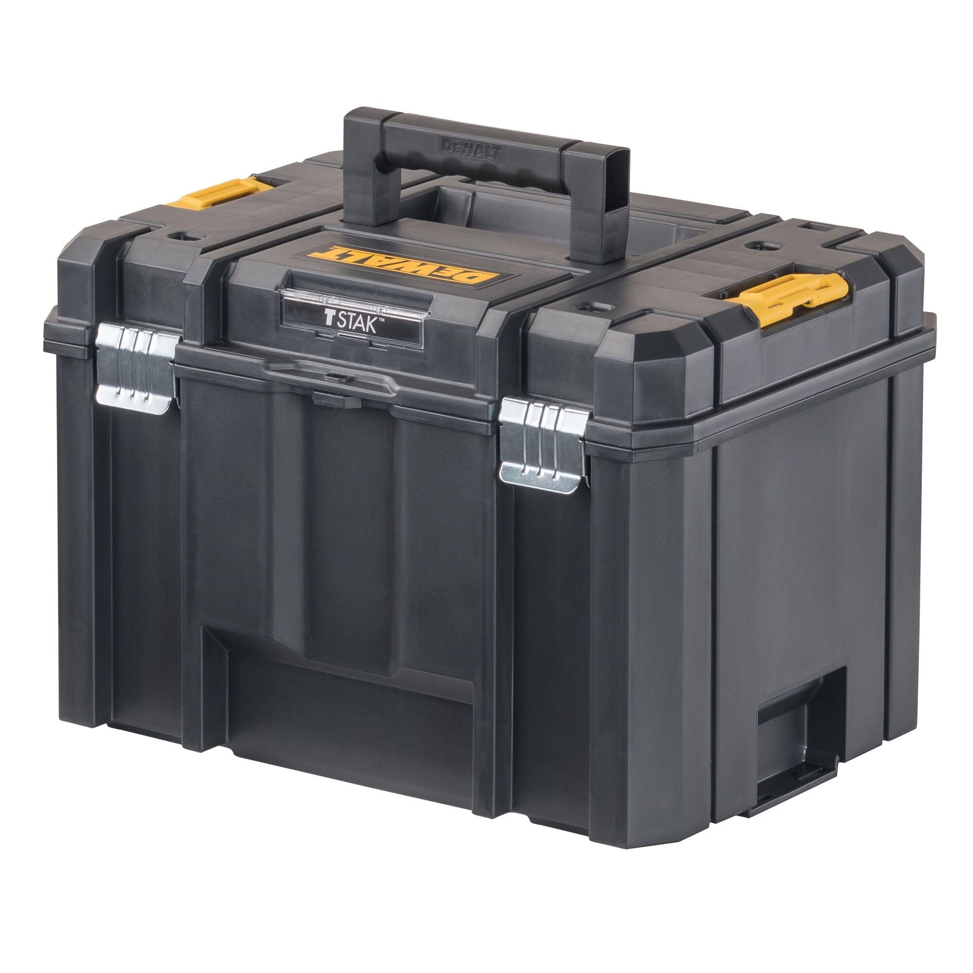 DEWALT TSTAK extra-large yellow toolbox showing removable tray and latches
