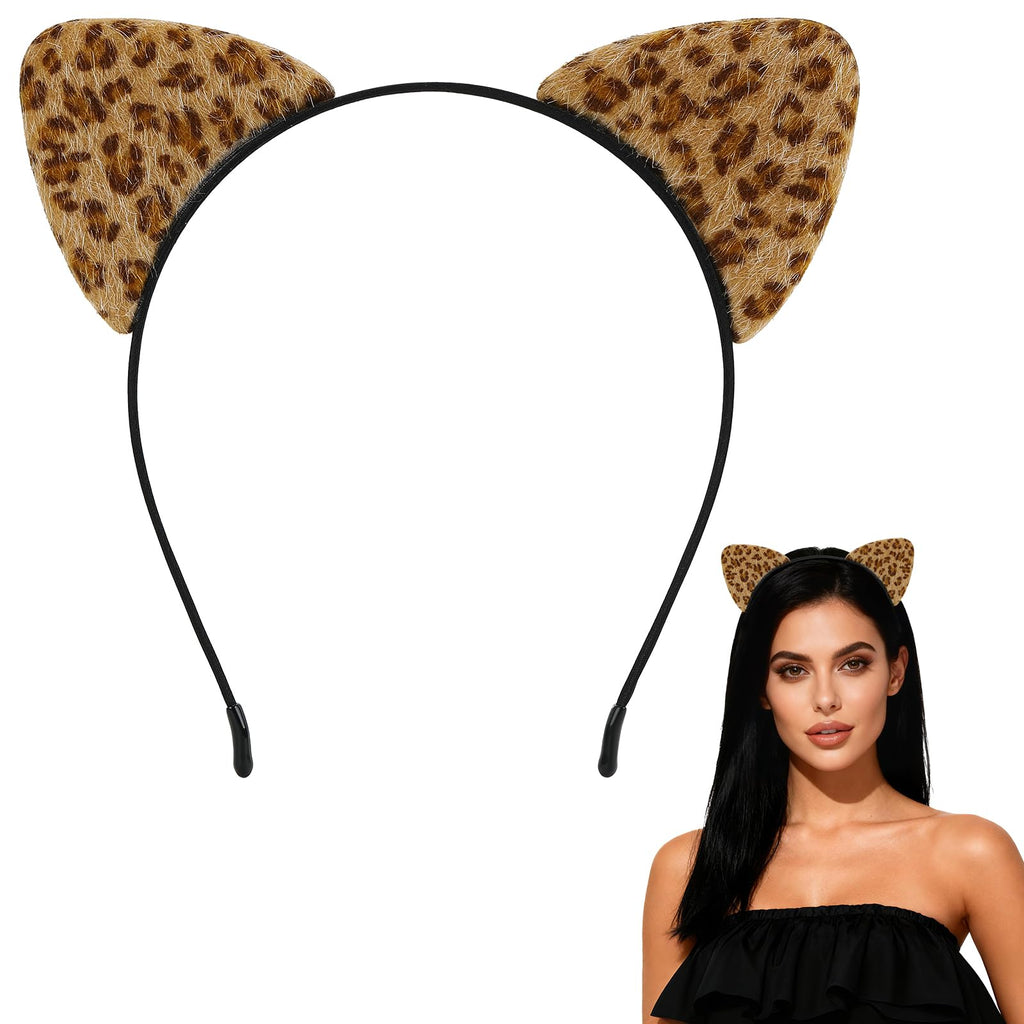 MANLENO Leopard Ears Headband for Women,Furry Cheetah Cat Ears Headband for Halloween Christmas Costume Party (Gold)