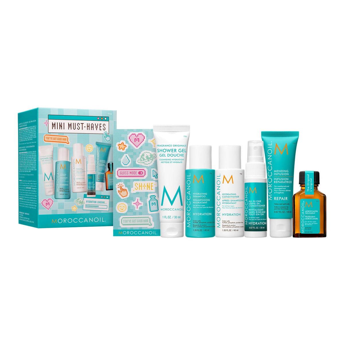 Moroccanoil mini sampler of travel-size hair oil bottles on white background