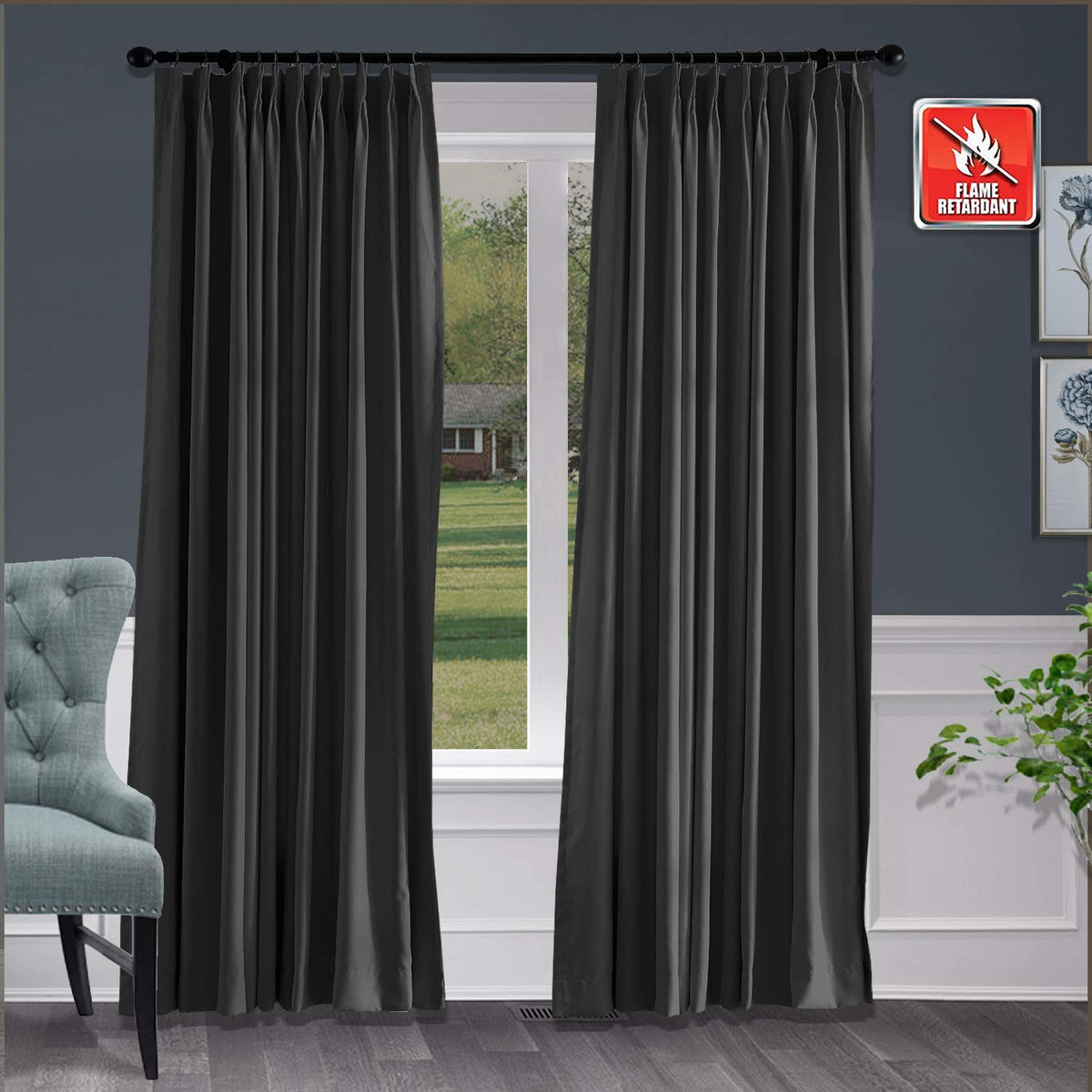 Noctura Flame Retardant Blackout Curtains, Grommet Top Silver Rings ，Color: Stillness Black 46sets (1sets=2 Panel)
