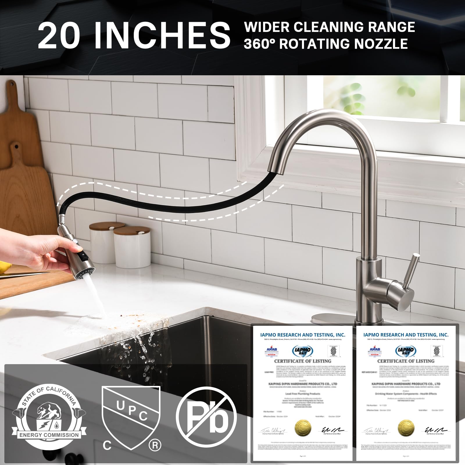 WEWE High-Arc Pull-Down Kitchen Faucet, Brushed Nickel, 3-Mode Sprayer image 2