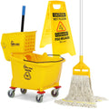 Yellow SIMPLI-MAGIC 35 quart side-press mop bucket on wheels with wringer and wet floor sign