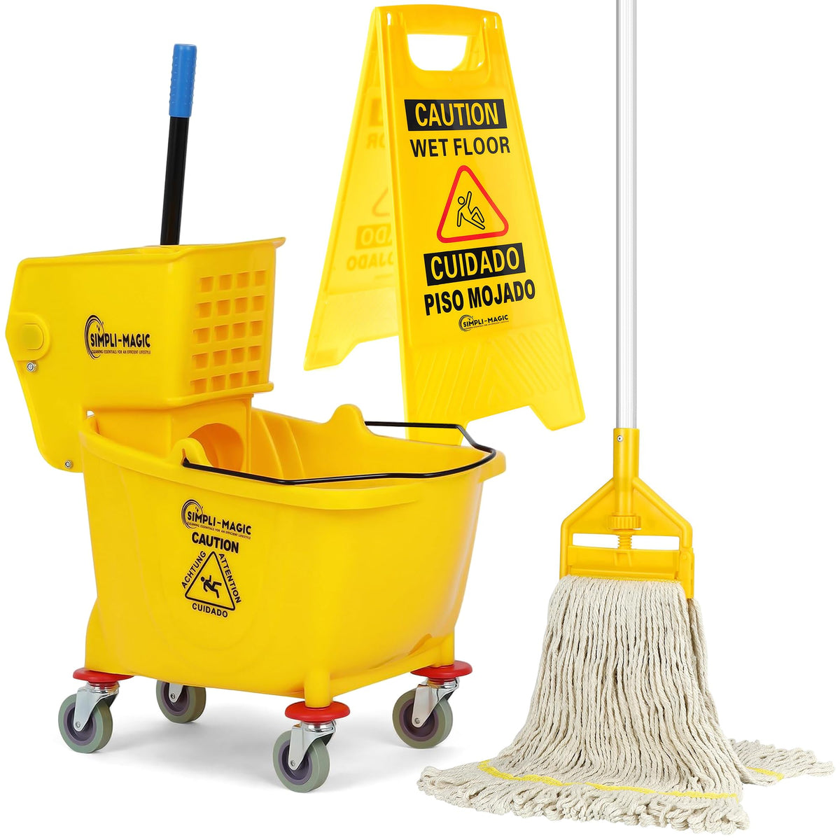Yellow SIMPLI-MAGIC 35 quart side-press mop bucket on wheels with wringer and wet floor sign