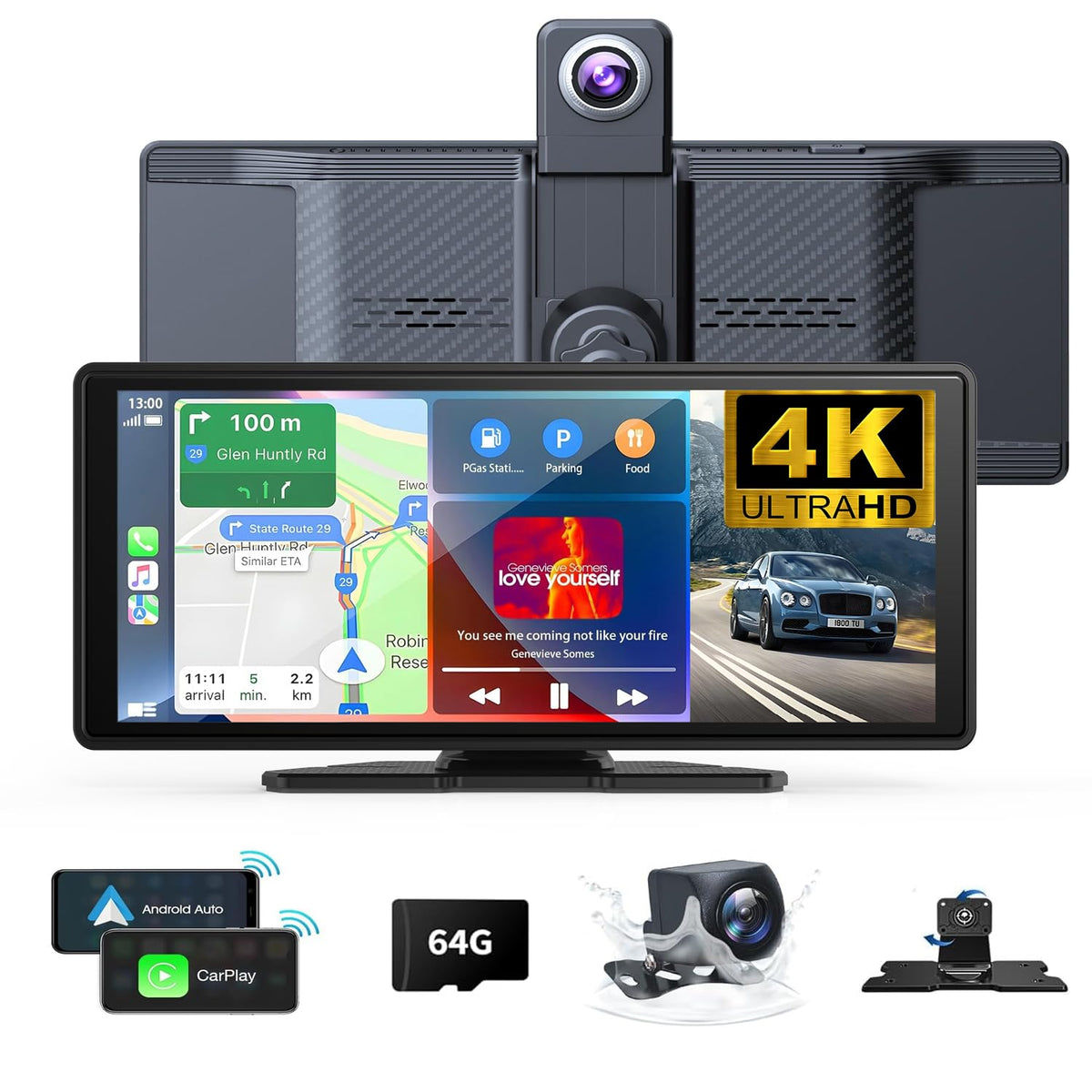 Antika 10.26-inch rotating CarPlay touchscreen displaying GPS map, rear camera feed