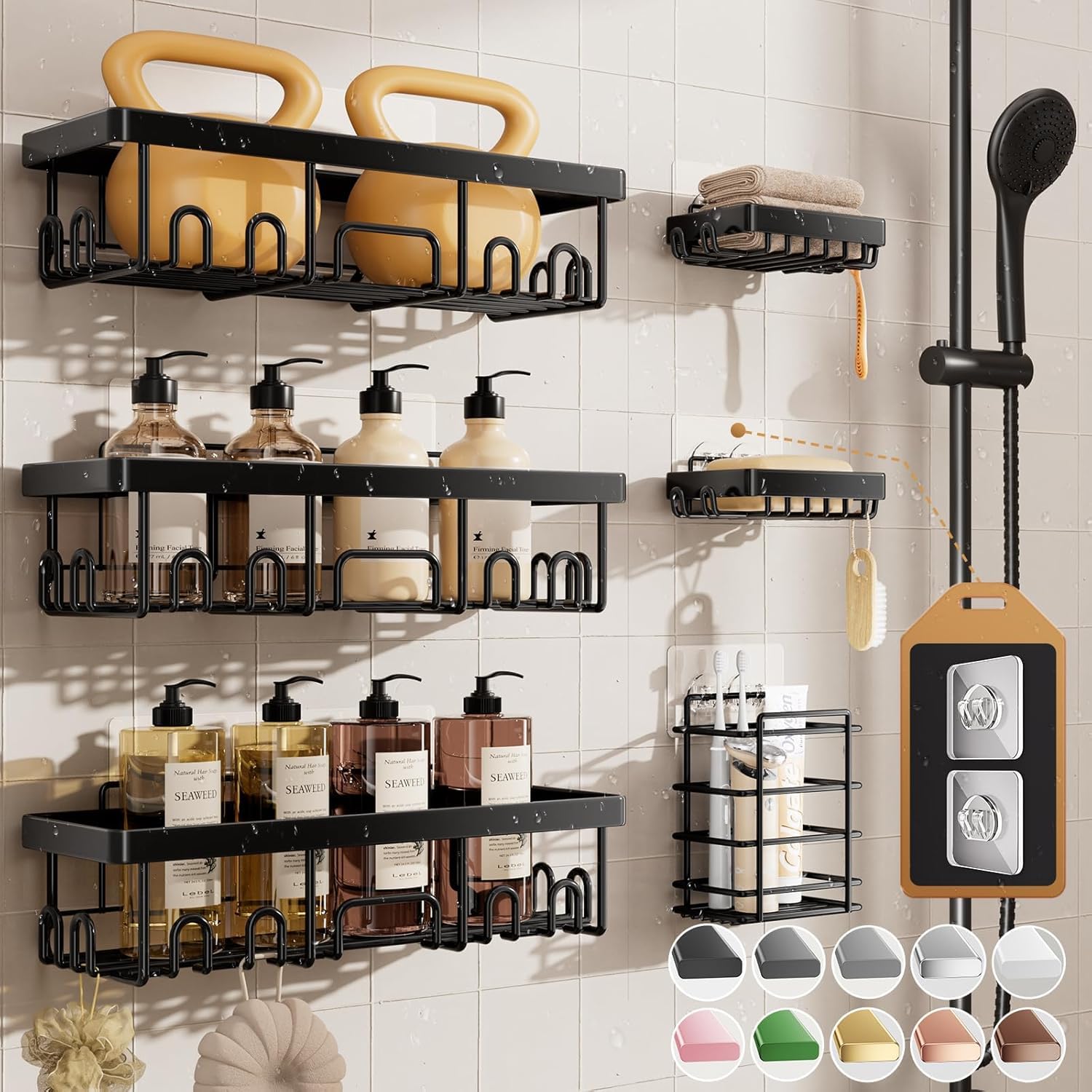 Veken black metal shower caddies 6-pack wall-mounted bathroom organizers