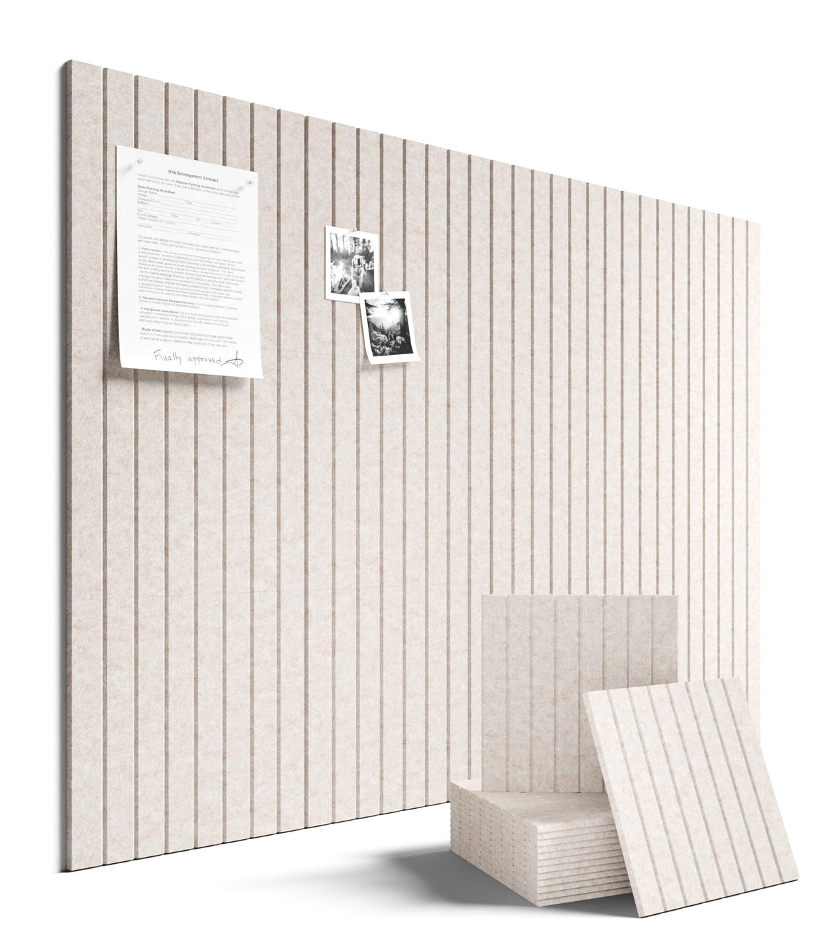 Fluxynara 48x36 oatmeal felt bulletin board mounted on an office wall