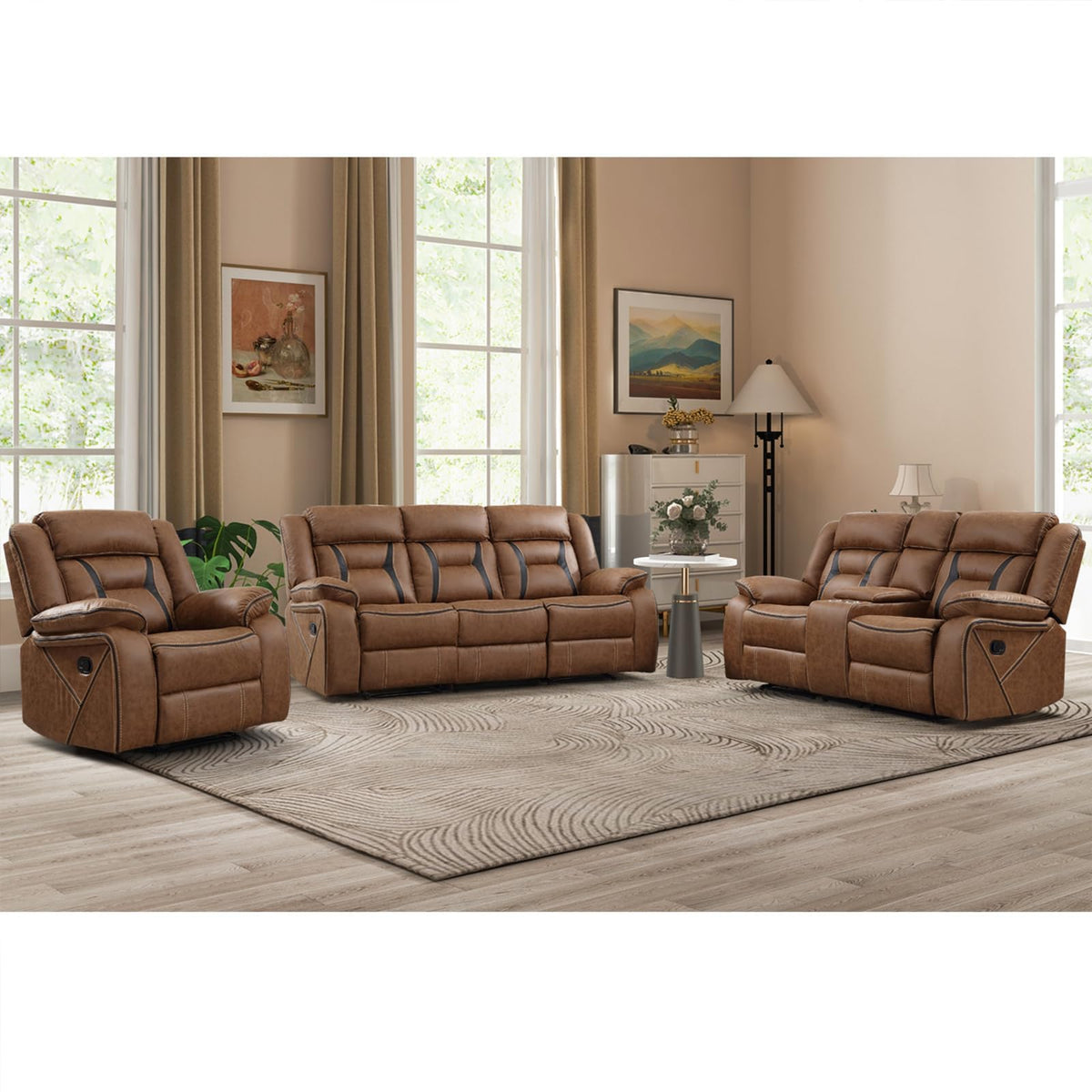 Brown EBELLO faux leather three-seat reclining sofa with manual loveseat recliner