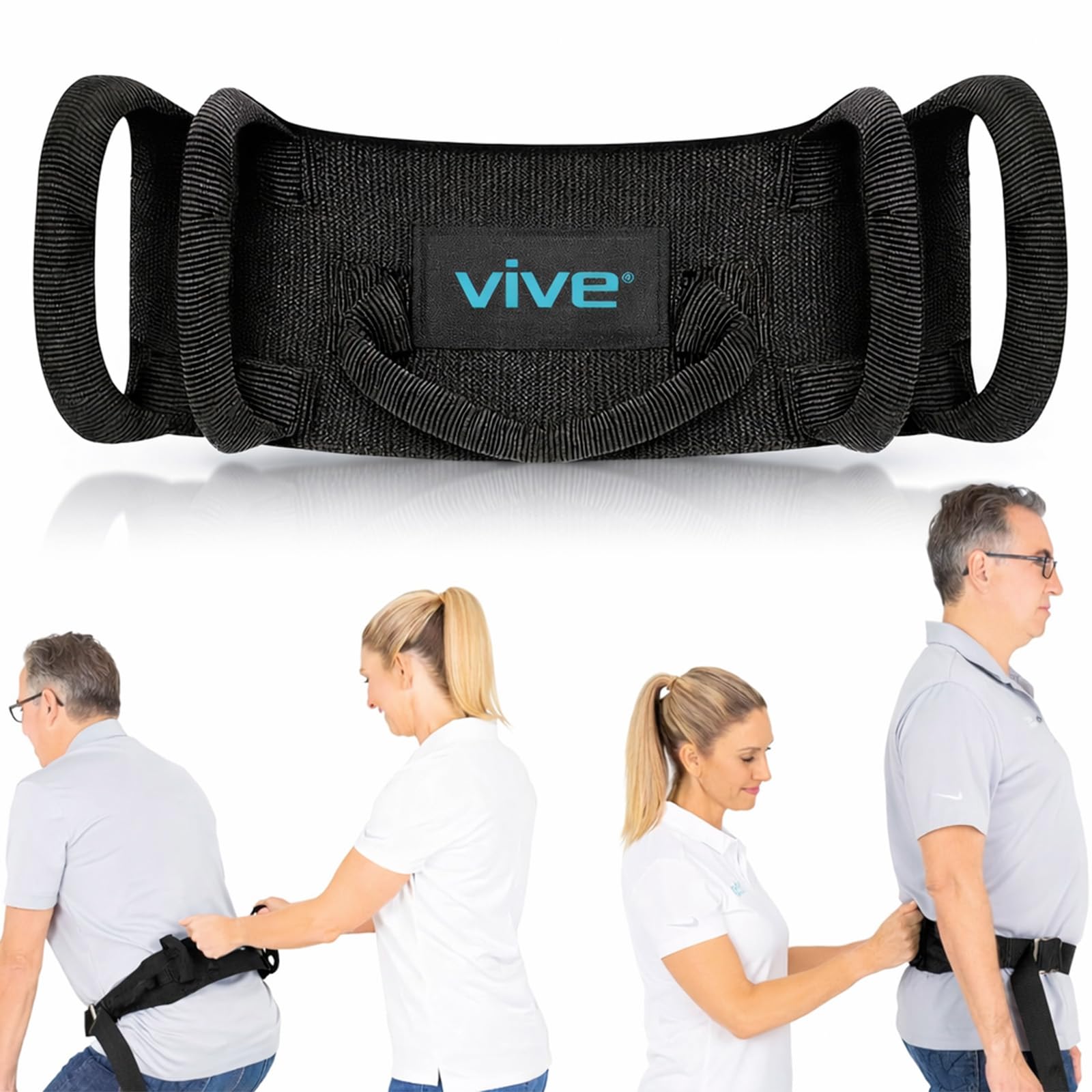 Vive gait transfer belt (350 lb) showing padded handles and quick-release metal buckle