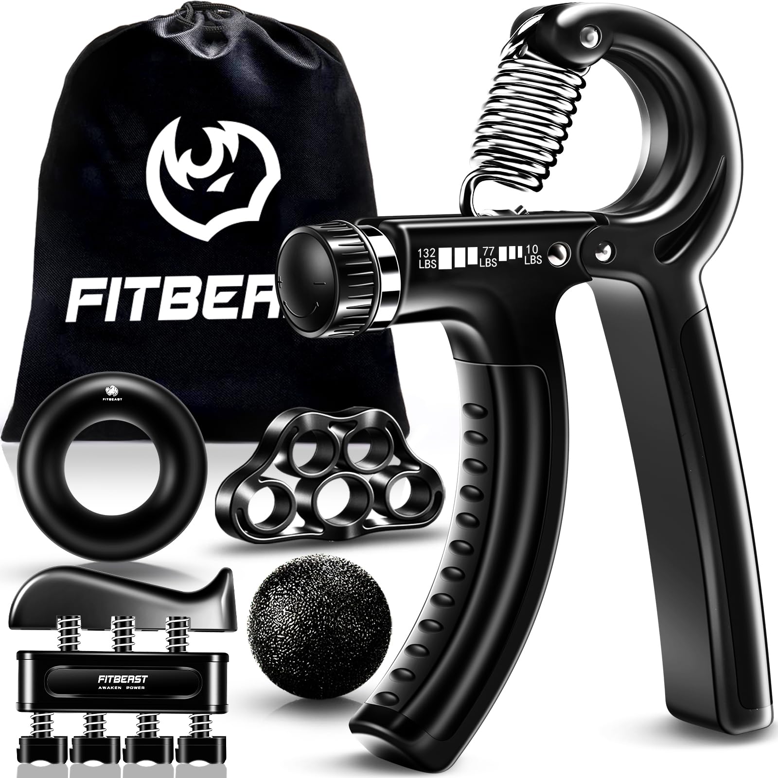 Five black FitBeast adjustable hand grip strengtheners showing metal springs and textured handles