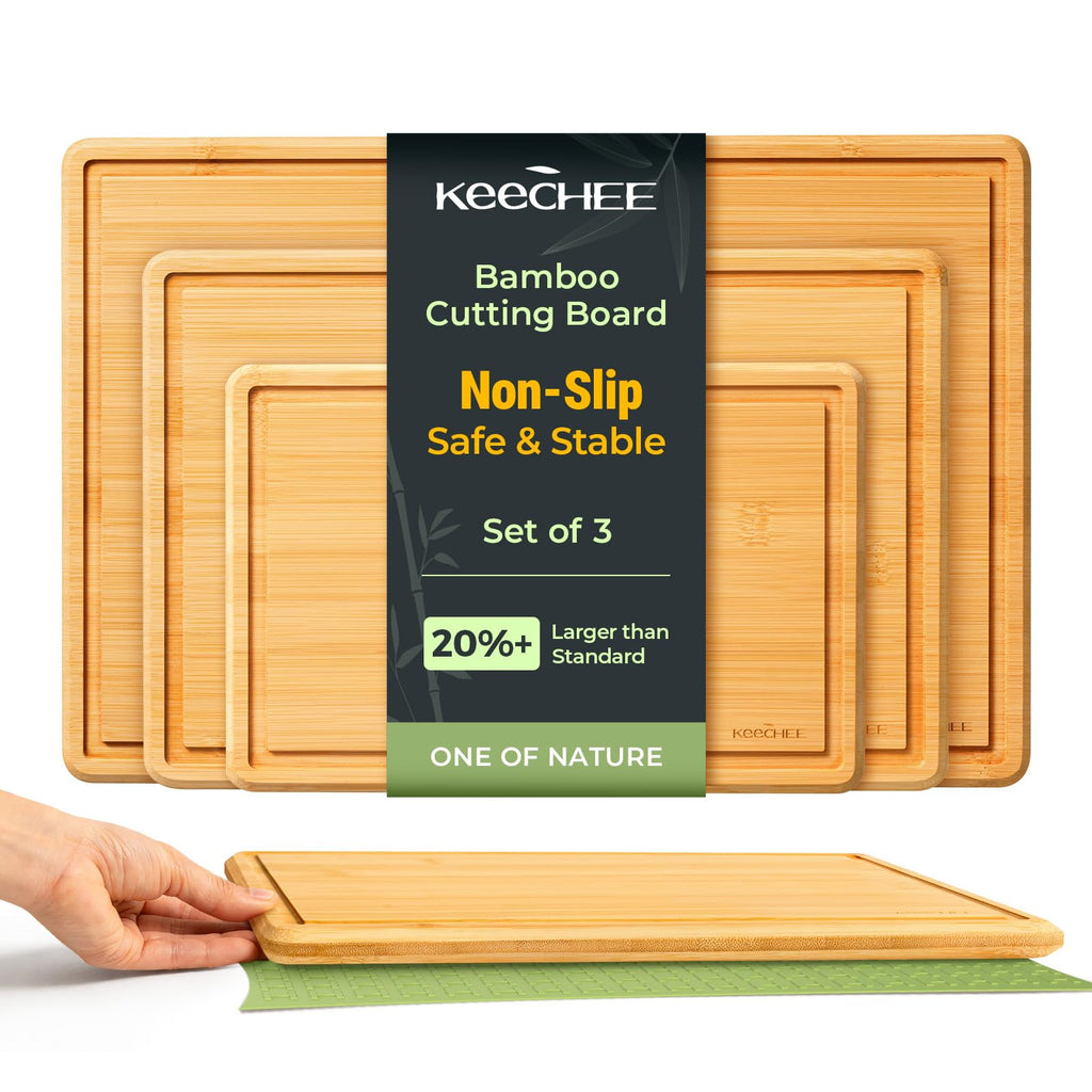 Keechee Cutting Board with Non-slip Mat, Cutting Board for Kitchen Meal Prep & Serving - Serving Board Set with Deep Juice Groove Ideal Kitchen Gifts