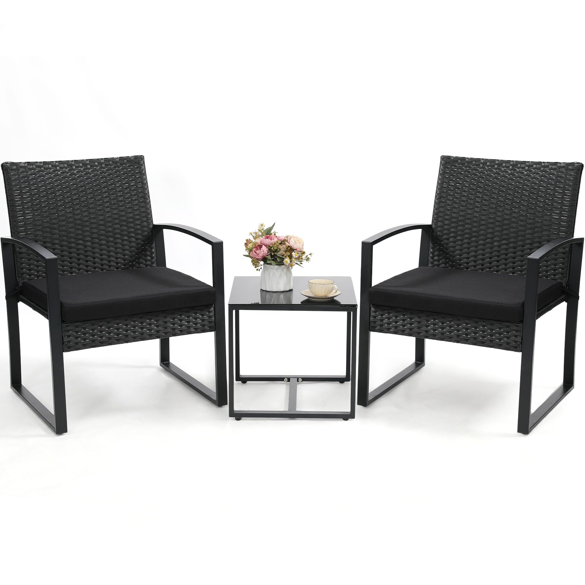 Murago 3-piece outdoor wicker bistro furniture, two chairs plus round table on patio