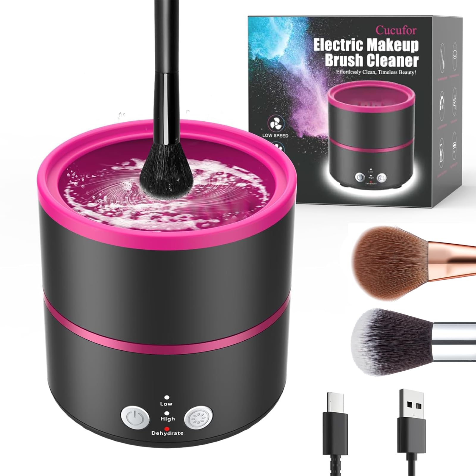 Cucufor Electric Makeup Brush Cleaner Machine - 2 Adjustable Clean Speeds & Powerful Dehydration Function Portable Cosmetic Brushes Cleaner for All Size Beauty Makeup Brush Set