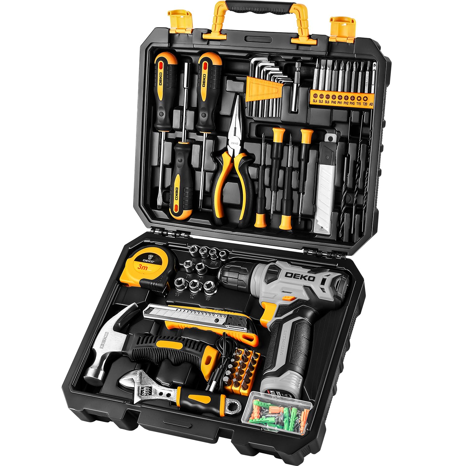 DEKOPRO 8V cordless drill, open toolbox displaying 126-piece tool kit, drill bits
