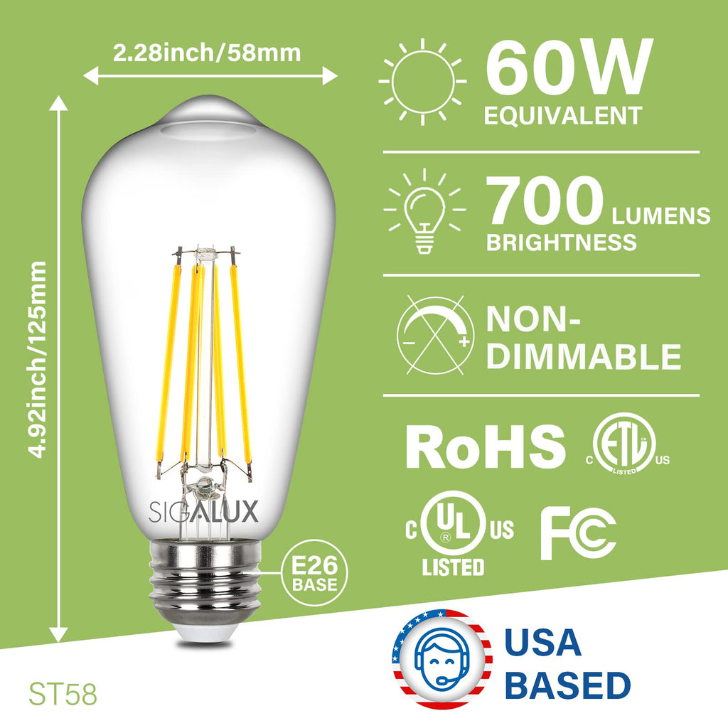 Sigalux Edison Bulbs, E26 LED Bulb ST58 Filament Clear Non-Dimmable Vintage Light Bulbs 60W Equivalent 700LM Daylight White 5000K 15, 000hrs 4 Pack image 2