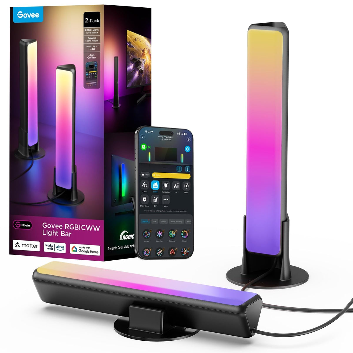 Black Govee Smart Light Bar RGBICWW mounted behind TV showing colorful ambient lighting