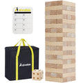 Aivalas Giant Tumble Tower assembled outdoors on grass with 57 wooden blocks